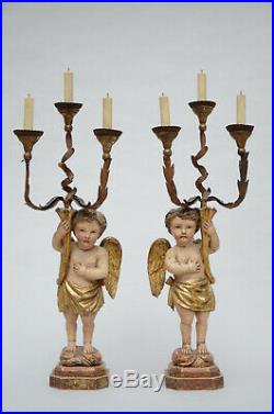 PAIR 34.6 XL antique wood carved putti Angel religious Figurine statue lamps