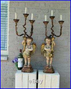 PAIR 34.6 XL antique wood carved putti Angel religious Figurine statue lamps