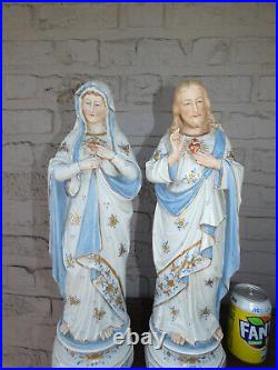 PAIR Antique L porcelain bisque sacred heart jesus and mary statue religious