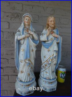 PAIR Antique L porcelain bisque sacred heart jesus and mary statue religious