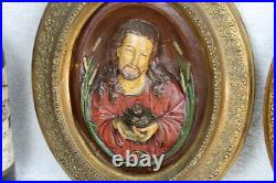 PAIR antique 1900s Chalkware religious wall panel plaque relief jesus mary