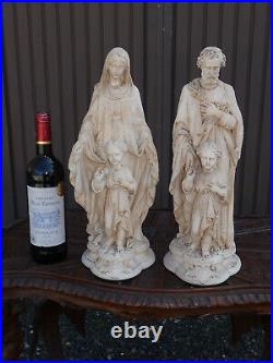 PAIR antique 19thc Chalk Sacred Madonna jesus joseph statue religious set