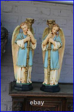 PAIR antique Chalk archangel figurine statue candle holders rare set religious