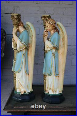 PAIR antique Chalk archangel figurine statue candle holders rare set religious