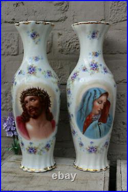 PAIR antique Porcelain de Baudour marked religious jesus madonna portrait vases