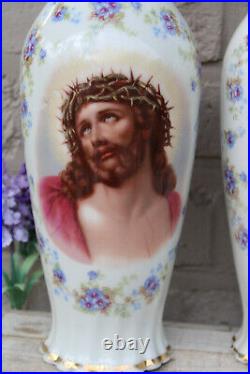 PAIR antique Porcelain de Baudour marked religious jesus madonna portrait vases