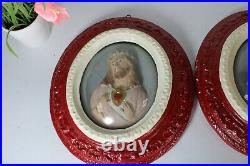 PAIR antique Religious relief wall panel sacred heart christ mary chalkware