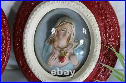 PAIR antique Religious relief wall panel sacred heart christ mary chalkware