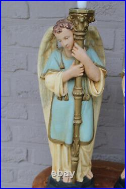 PAIR antique church altar religious chalkware archangel figurine candle holder