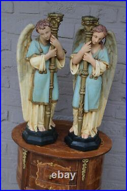 PAIR antique church altar religious chalkware archangel figurine candle holder