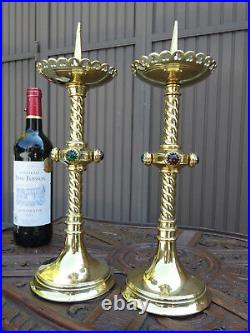 PAIR antique church brass Stones altar candelabras candlesticks Rare religious