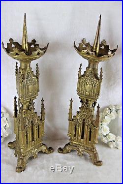 PAIR antique french bronze neo gothic cathedral Candle holders church religious