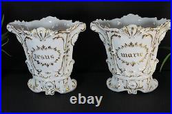 PAIR antique french vieux paris porcelain jesus marie text religious vases