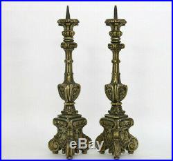 PAIR antique italian religious altar church candelabras candlestick wood carved