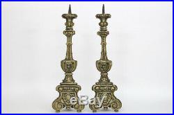 PAIR antique italian religious altar church candelabras candlestick wood carved