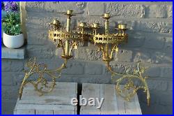 PAIR antique neo gothic dragon Church religious Wall candle holders brass n2