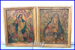 PAIR antique oil on tinplate Religious paintings madonna putti angels set