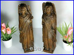 PAIR antique rare religious altar wood carved archangel figurine statue