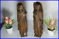 PAIR antique rare religious altar wood carved archangel figurine statue