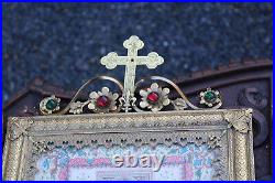 PAIR antique religious church altar brass stones canon frame crucifix plaques