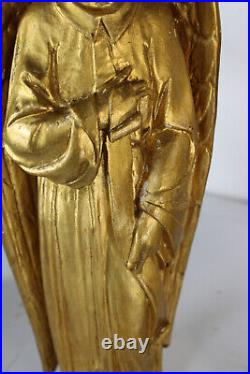 PAIR antique wood carved archangel figurine statue gold gilt religious set