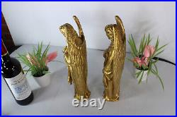 PAIR antique wood carved archangel figurine statue gold gilt religious set
