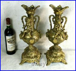 PAIR bronze Putti ram head Vases candle holders church religious
