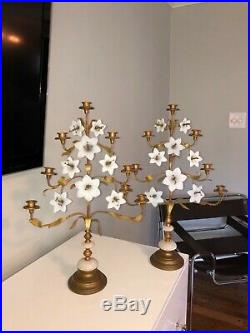 PAIR large Antique French religious church brass opaline lily flower Candelabra