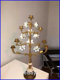 PAIR large Antique French religious church brass opaline lily flower Candelabra