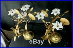 PAIR large antique french religious church brass opaline lily flower sconces