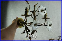 PAIR large antique french religious church brass opaline lily flower sconces