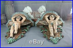 PAIR religious carved wood polychrome paint Wall consoles Cherubs putti