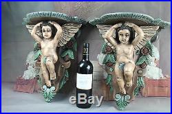 PAIR religious carved wood polychrome paint Wall consoles Cherubs putti
