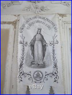 PARIS 1800s Antique religious BANNER Marie Madonna KRONE french SHABBY