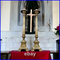 Pair Antique Golden Bronze Altar Church Candelabras Candle Holders Religious