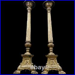 Pair Antique Golden Bronze Altar Church Candelabras Candle Holders Religious