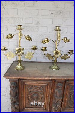 Pair antique brass altar church candelabras candle holders religious