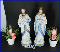 Pair antique french bisque porcelain mary joseph statue figurine religious saint