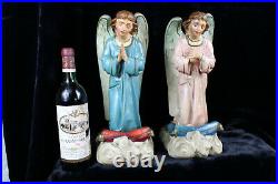Pair antique french chalkware angel praying statue figurine religious church