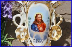 Pair antique french vieux paris porcelain jesus madonna portrait Vases religious