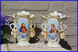 Pair antique french vieux paris porcelain jesus madonna portrait Vases religious