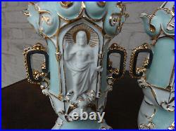 Pair antique old paris porcelain vases with niche saint figurines religious