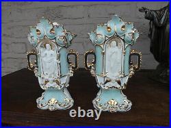 Pair antique old paris porcelain vases with niche saint figurines religious