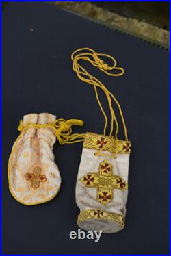 Pair antique religious silk brocade pouch bags for holy bread with cord