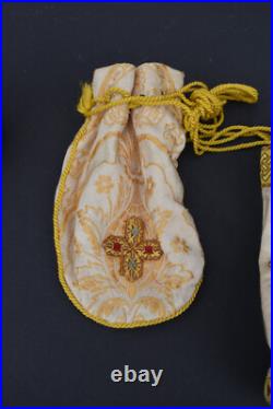 Pair antique religious silk brocade pouch bags for holy bread with cord Pair antique religious silk brocade pouch bags for holy bread with cord