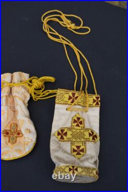 Pair antique religious silk brocade pouch bags for holy bread with cord