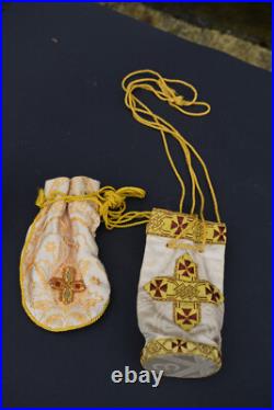 Pair antique religious silk brocade pouch bags for holy bread with cord