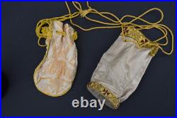 Pair antique religious silk brocade pouch bags for holy bread with cord