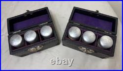 Pair of 3 Antique Religious Catholic Holy Oils box in hard Case O. I, O. C, S. C