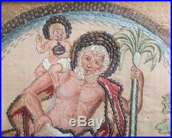 Pair of Antique 18th Century Silkwork Silk Embroideries St. Christopher Religious